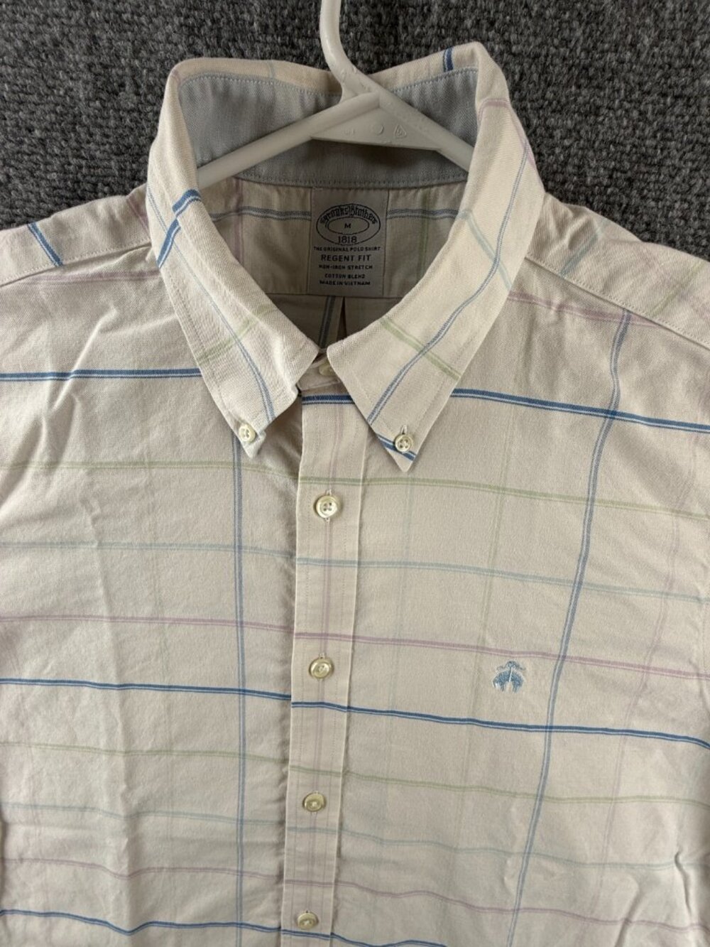 Brooks Brothers Oxford Blue Green Button-Down Cotton Spandex Non-Iron Check Men